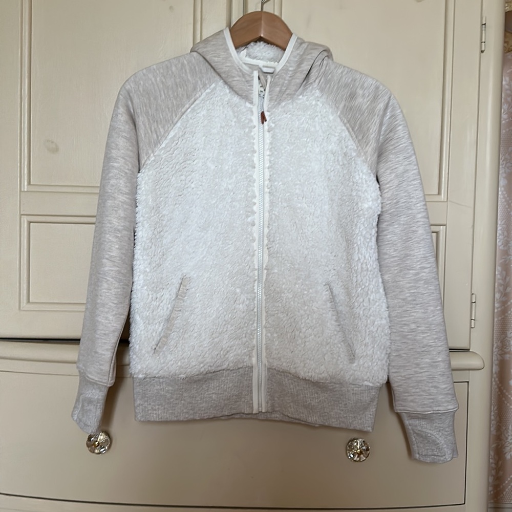 Athleta Girl Sherpa & Modal Cream & Grey Jacket Pockets, Hood and Zipper XL (14)